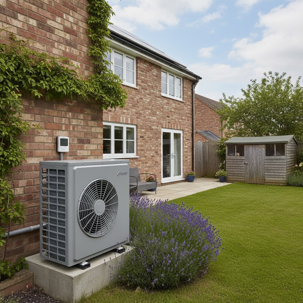 An air source heat pump installed outside a modern brick home with garden