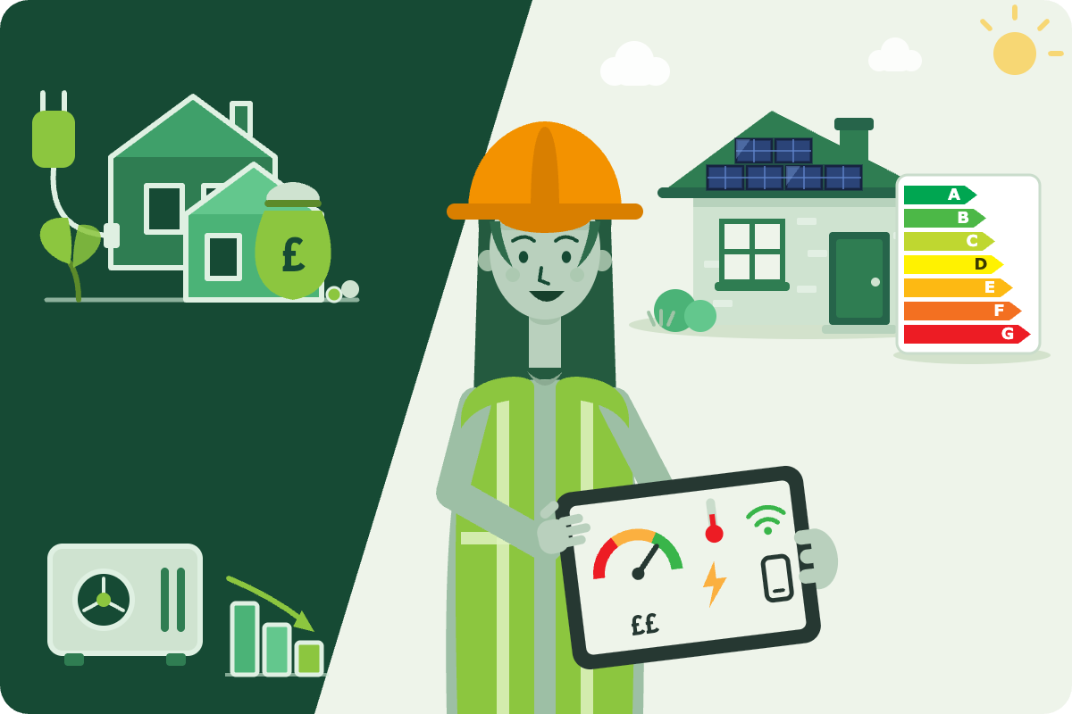 Illustration of Green Homes Group services: lower utility bills, funded grants and home energy-efficiency retrofit